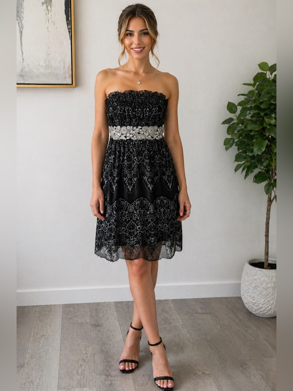 ABS Allen Schwartz Strapless Lace Dress Beaded Black Cocktail Size 6